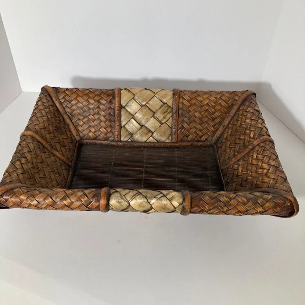 Vintage Rectangular Lattice Grass Bamboo 2 Toned‎ Stained Basket 11x 16 x 4